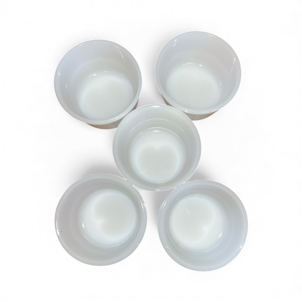 Vintage GLASBAKE Milk Glass Ramekins, Custard, Dessert Bakeware Cups, Set of 5